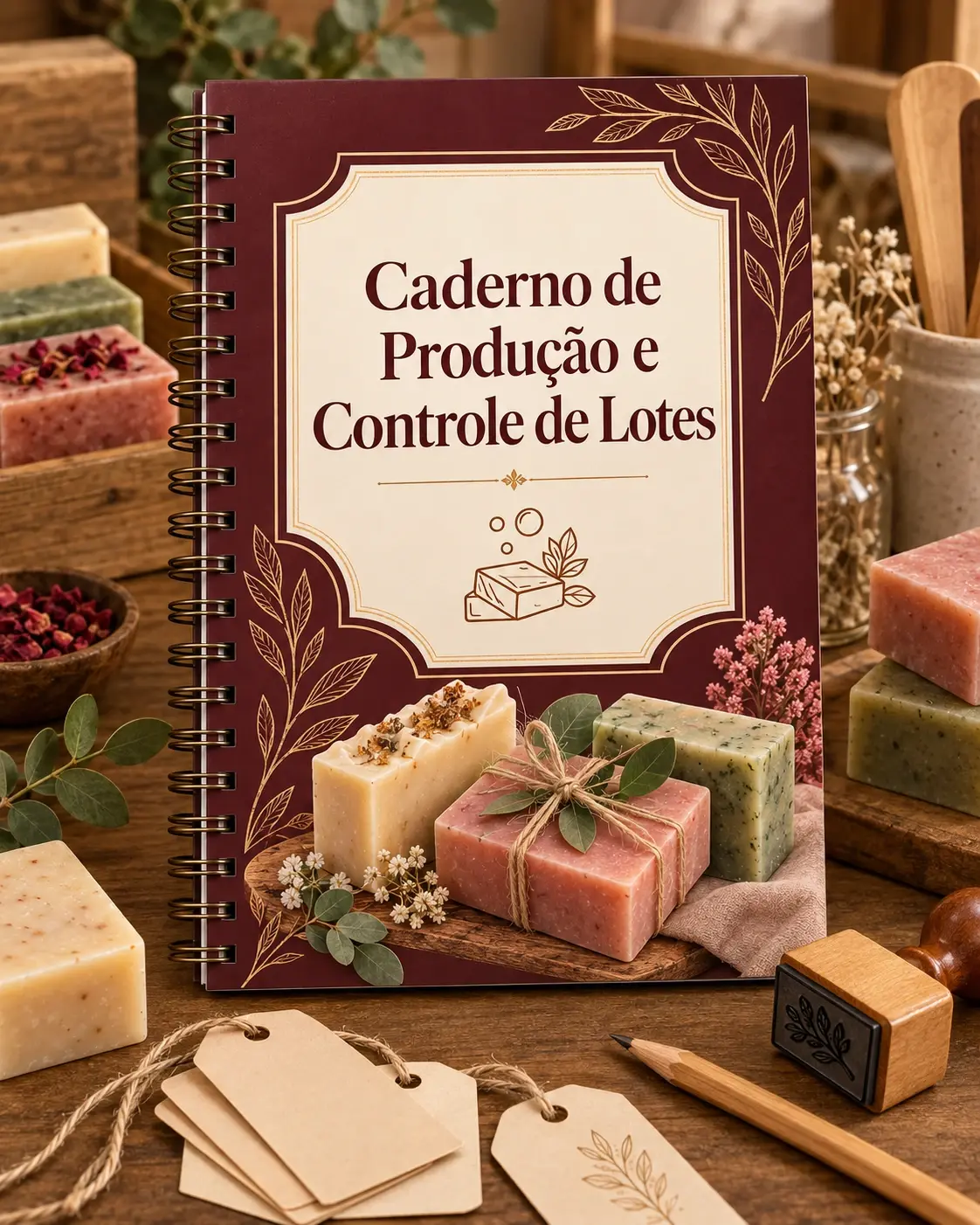 Mockup do bônus Caderno de Produção e Controle de Lotes.