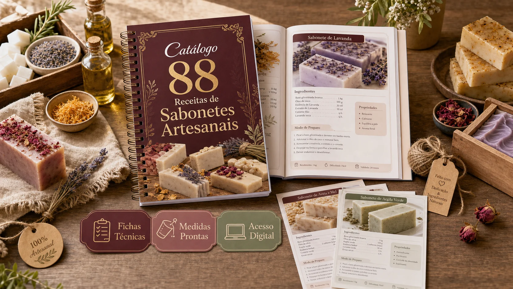 Mockup do Catálogo de Sabonetes Artesanais, com a capa e uma receita aberta.